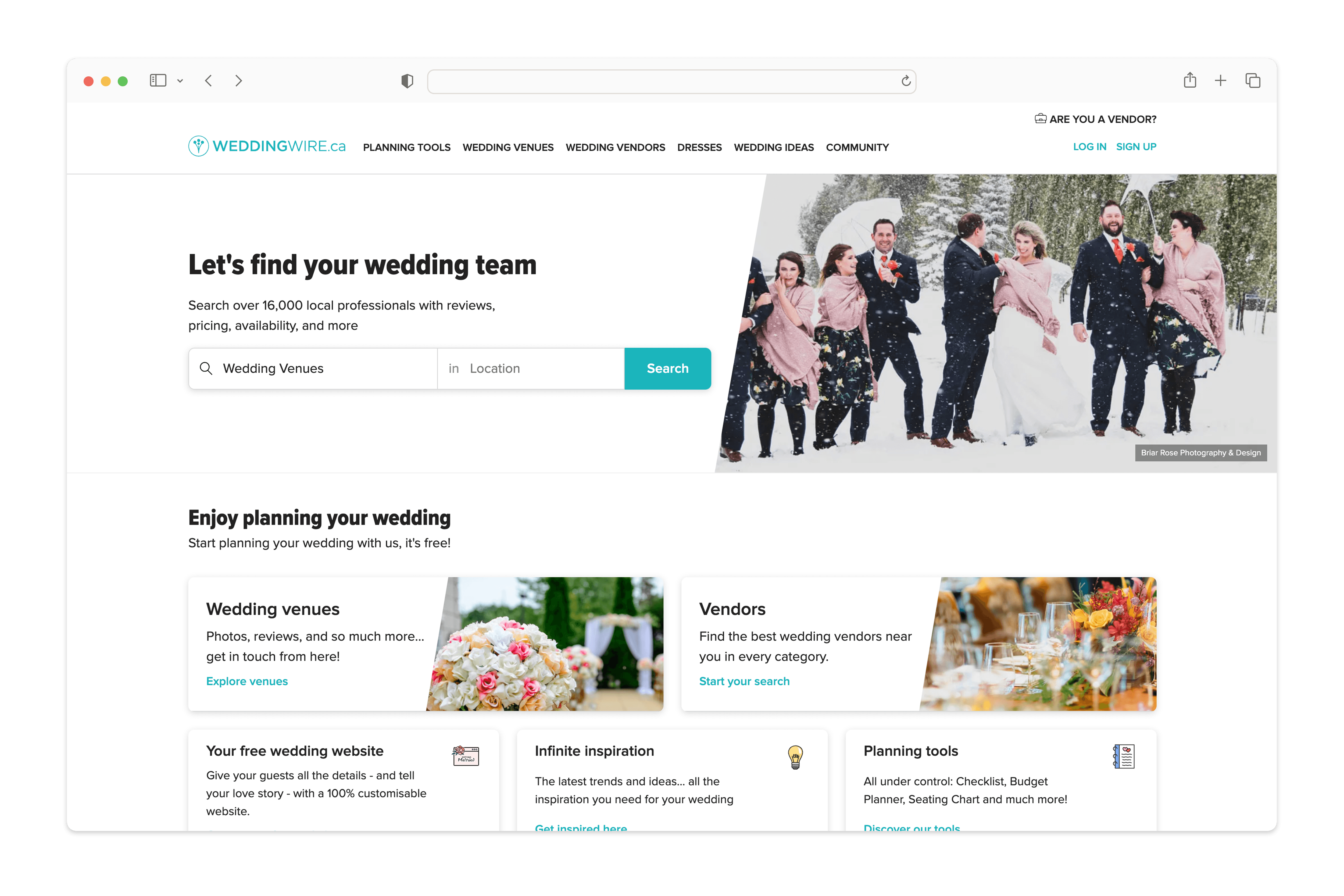 Wedding Wire's vendor search results, demonstrating limited location filtering and a crowded layout with sponsored listings.