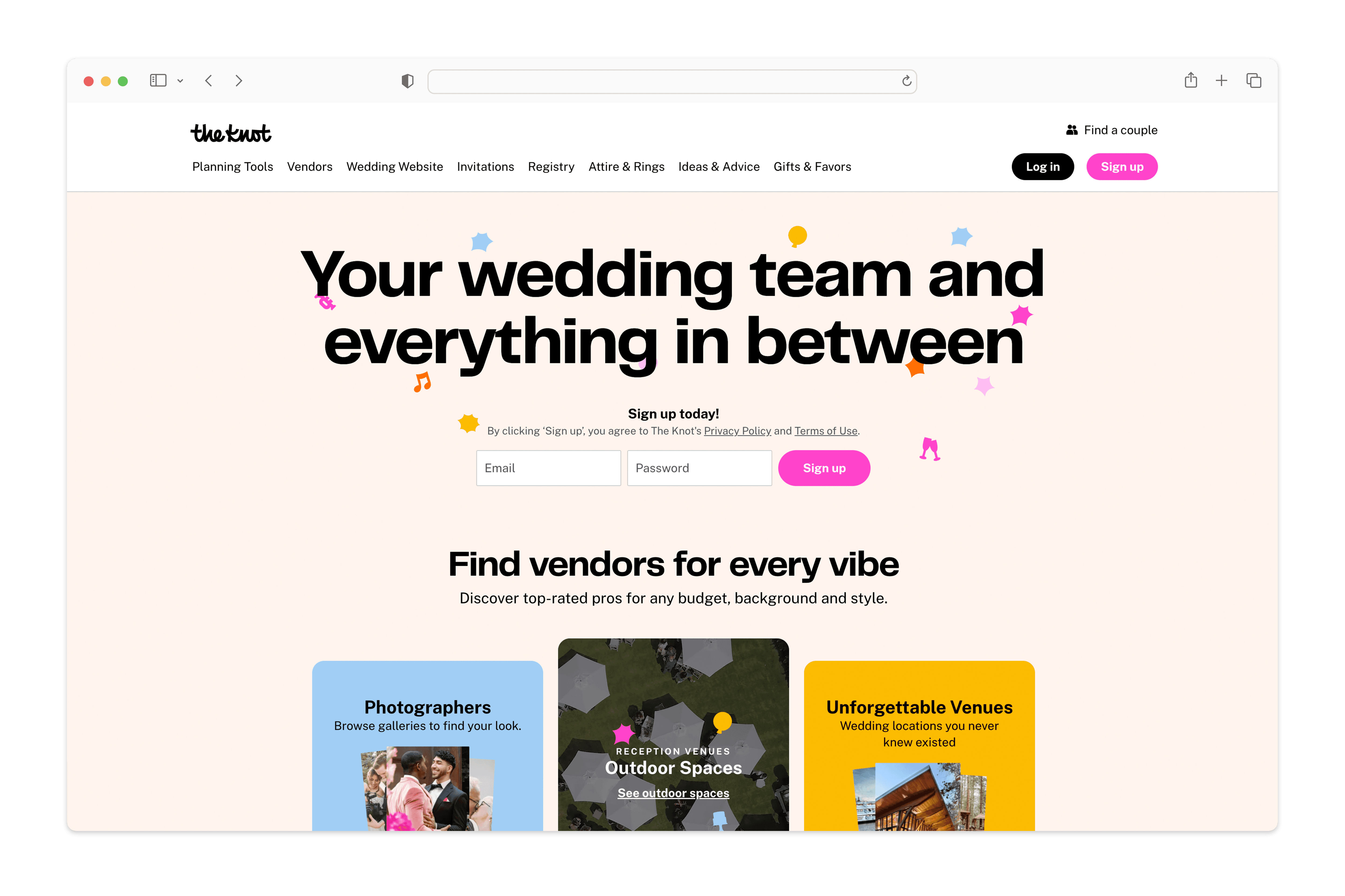 The Knot's vendor profile page featuring ads and a cluttered interface, illustrating limited filtering for Canadian wedding vendors.